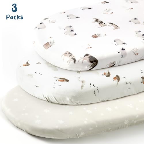 Image of GRSSDER Stretchy Ultra Soft Fitted Bassinet Sheet Set 3 Pack, Universal Fit for Bassinets Baby Cradle Moses Basket Oval Rectangle Mattress Safe and Snug, Cute Watercolor Cows and Birds Print