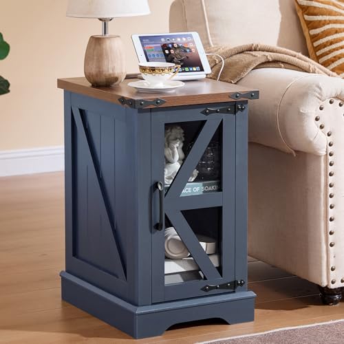 Joaxswe Narrow Night Stand with Charger Station Farmhouse Side End Table with Glass Barn Door Storage Wood Bedside Tables Navy Blue Nightstand Cabinet Organizer for Small Spaces Living Room Bedroom