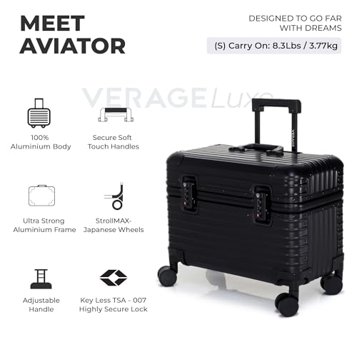 Image of Verage Luxe Aviator 18 inch 100% Aluminum Hardside Spinner Luggage with Multi-Directional Wheels and Telescoping Handle (Black)