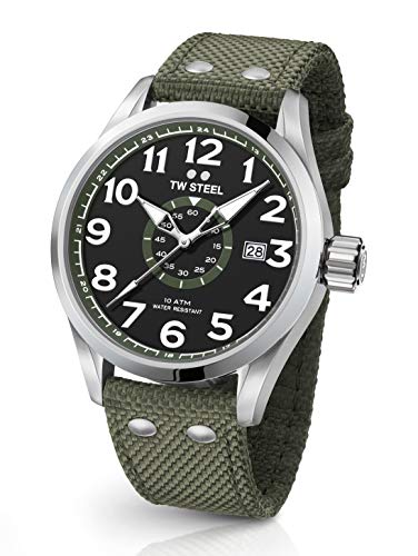 TW Steel VS22 Volante - Reloj Analógico de Pulsera con Movimiento de Cuarzo para Hombre, Caja Acero Inoxidable, Cristal Mineral, Correa Textil, Verde, 48 mm