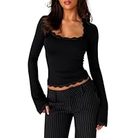 Navneet Spitzen Oberteile Damen Elegant Langarm Eckiger Ausschnitt Lace Crop Top Sexy Festival Party Outfit Y2K Schwarz M