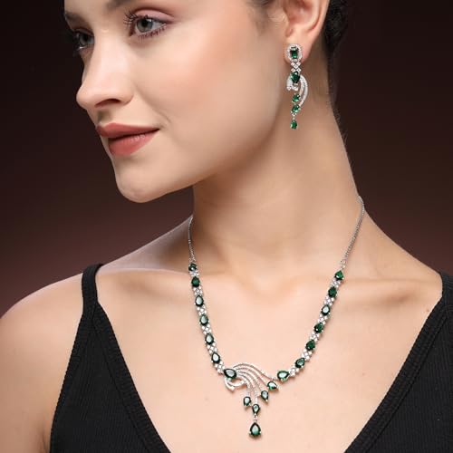 Image of ZENEME Rhodium Plated Silver Toned American Diamond Studded Paisley Necklace With Earrings Jewellery Set For Women & Girls