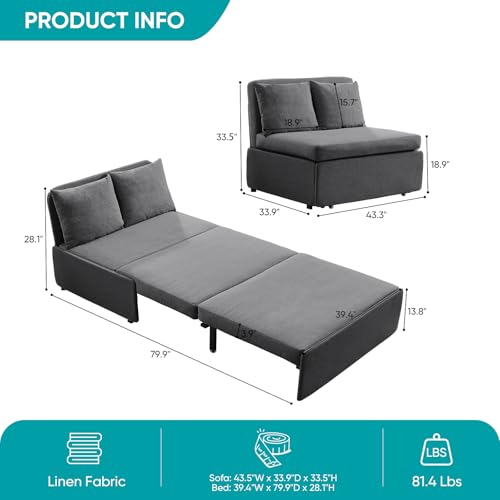 Image of BALUS 43 inch W Pull Out Sofa Bed Sleeper Couch with Pullout Beds, Convertible 2 in 1 Linen Single Sleepers Sofas Chair with Pillows and 3.9 inch Foldable Mattress for Small Space Apartment Loft, Dark Grey