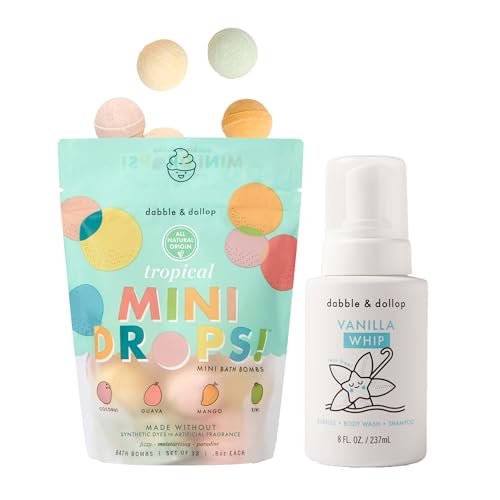 Image of Dabble & Dollop Tropical Mini Bath Bombs + Vanilla 3-in-1 Shampoo, Body Wash and Bubble Bath for Kids - Toddler & Kids Bath Set, No Synthetic Dyes, Vegan, Gluten-Free, Cruelty-Free (Pack of 2)