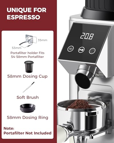 Tuni G1 Conical Burr Coffee Grinder, 48 Grind Settings Anti-static Burr Mill, Precision Electronic Timer and LED Touchscreen for Espresso/Drip/Cold Brew/French Press, Stainless Steel, Silver