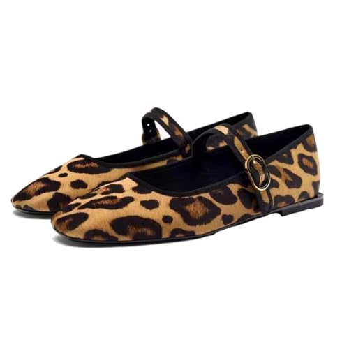 Mary Jane Flat Snap Leopard Square Toe Flats Comfortable Square Toe Flats