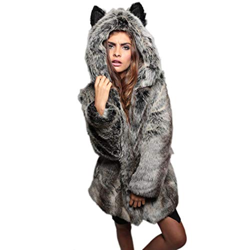 RomanticDesign Womens Faux Fur Coat Winter Warm Long Sleeve Luxury Faux Fur Jacket Overcoat Outerwear with Pockets Grey-US 14