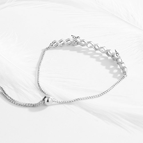 Image of Honeycomb Honeybees Bracelet Sterling Silver 925 with Black Enamel Adjustable Bangle Link Chain 10 inch