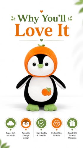 Image of Cute Penguin Plush Toy with Orange Hoodie | 28cm Soft Velvet Stuffed Animal for Kids | Premium Washable Penguin Teddy Bear, Huggable Plushie Birthday Gift for Toddlers, Boys & Girls