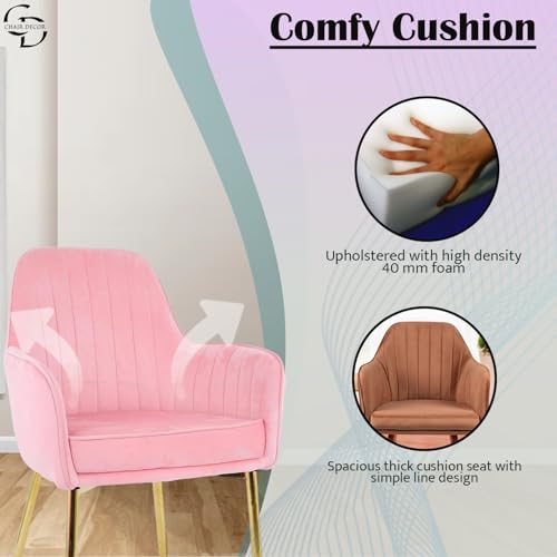 Image of Velvet Accent Chair | Luxury Upholstered Armchair with Sturdy Metal Legs | Modern Comfortable Chair for Living Room, Bedroom, Office, or Cafe (Golden Legs, Baby Pink)