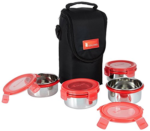 Image of Amazon Brand - Solimo Stainless Steel Lunch Box Set with Bag, 300ml, 11cm Diameter, 4-Pieces, Red Lid