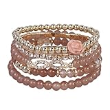 Rose Flower Charms Stackable Bracelets Multilayer Stretch Rhinestone Beaded Flower Wristlet Set Elegant Rose Bracelets Jewelry Party Gifts for Women-Coffee