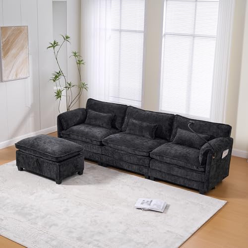 Sapgaks Canapé 3 Places Moderne en Chenille avec Port USB,Poche latérale,Support pour téléphone Portable et des Repose-Pieds modulables,canapé d'angle en...