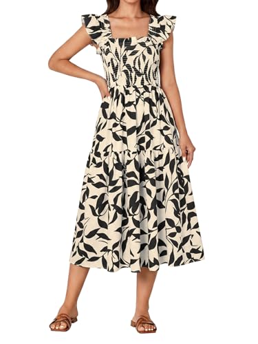 Image of Rooscier Women's A Line Smocked Midi Dress | Summer Sleeveless Square Neck Casual Sundress