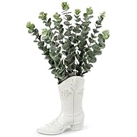 Artificial Eucalyptus Plant in Ceramic Cowboy Boot Vase Faux Greenery Potted Plant for Rustic Farmhouse Decor Western Style Boot Planter with Eucalyptus Stems for Table Centerpiece-18 Inch Tall