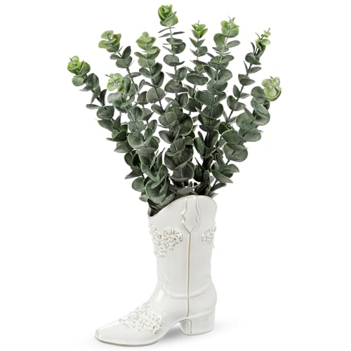 Artificial Eucalyptus Plant in Ceramic Cowboy Boot Vase Faux Greenery Potted Plant for Rustic Farmhouse Decor Western Style Boot Planter with Eucalyptus Stems for Table Centerpiece-18 Inch Tall