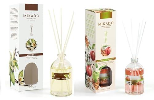 PCMOVILES Mikado Ambientador VAINILLA Y MANZANA & CANELA 100 ml – Pack de 2 Unidades – Aroma Fresco y Natural – Difusor de Varillas para Casa, Oficina y Armario