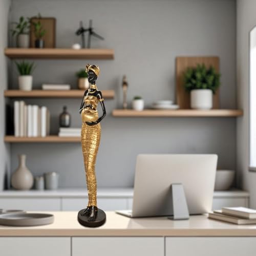 Estatua Africana Decorativa Mujer 16.4" Resina Dorada miniatura 7