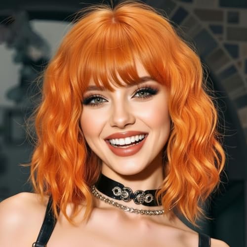 Image of AISI HAIR Orange Synthetic Wavy Curly Bob Wig with Bangs Short Wavy Hair for Women Synthetic Heat Resistant Bob Wigs