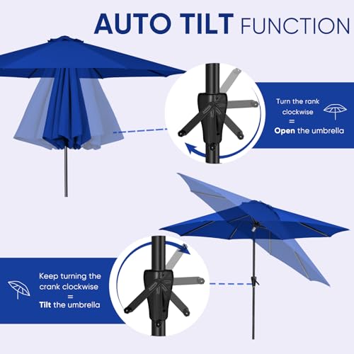 Image of Tempera Patio Market Outdoor Table Umbrella with Auto Tilt and Crank, Large Sun Umbrella with Sturdy Pole & Fade Resistant Canopy, Easy to Set