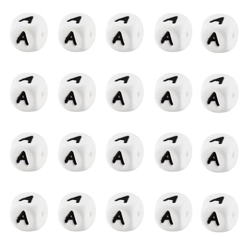 Ornaland 20 Pcs 12mm Silicone Letter Beads Square Letter Beads for Bracelets Keychains Necklaces and Lanyards Making (White Letter A)