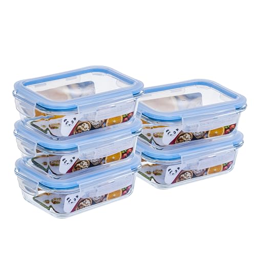 Gato Panda KIT 5 Potes de Vidro Retangular com Tampa Hermética 640ml Branco ou Azul