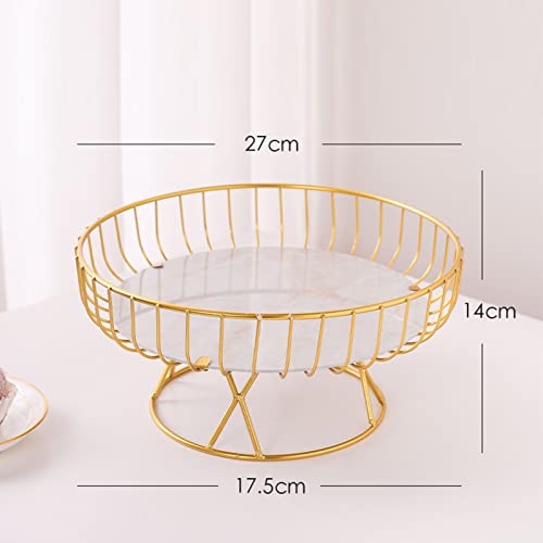 Tomotato Fruit Bowl Iron Basket, Hollow High Foot Fruit Bowl with Marblel Tray Wire Fruit Holder Storage Trays for Birthday Party Wedding(Gold 27cm)