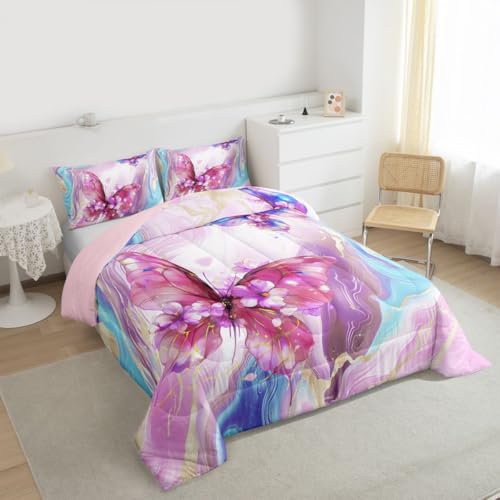 Image of Erosebridal Floral Marble Butterfly Queen Comforter Set for Kids Teens Adults,Pink Blue Tie Dye Bedding Set,Elegant Marble Texture Duvet Insert,Modern Aesthetic Bed Set for All Season