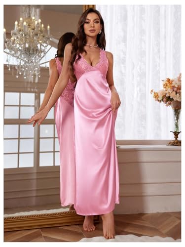 Image of WDIRARA Women's Satin Sleepwear Nightgown | Lace, Backless, Deep V Neck, Sleeveless, Long