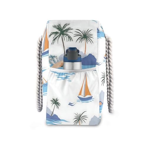Tropical Seascape Pattern Large Beach Bag, Travel Tote Bag Zippered, Water Resistant Family Size for Seaside, Shower Stall, Swiming Pool3