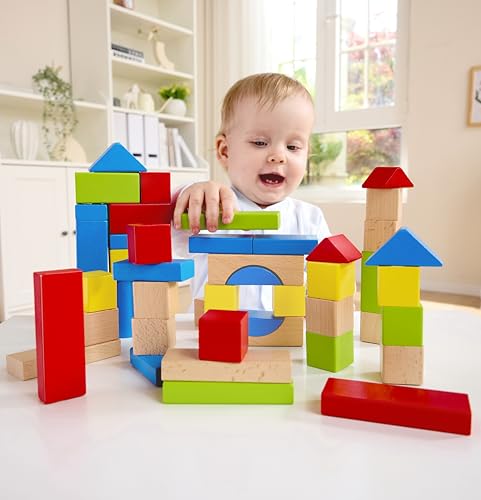 Image of Hape Maple Wood Kids Building Blocks Stacking Wooden Block Educational Toy Set for Toddlers, 50 Brightly Colored Pieces in Assorted Shapes and Sizes