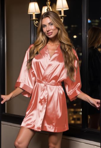 Image of Turquaz Women's Silky Satin Kimono Robes for Bridesmaids, Bride, Short Loungewear, Lingerie Dressing Gown Silk Like VS Robe