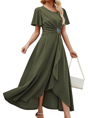 Image of QMZ Wedding Guest Dresses for Women V Neck Cocktail Dress Ruffle Sleeve A Line Evening Party Formal Dresses for Women
