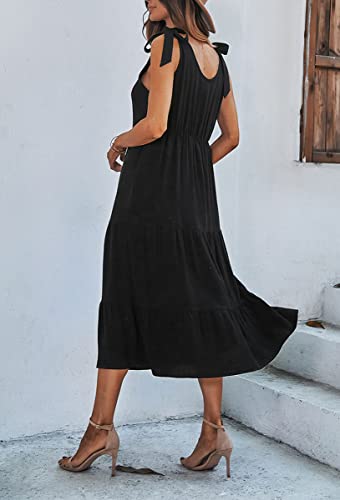 Image of chouyatou Women's Summer Adjustable Spaghetti Strap Solid Ruffle Swing Midi Dress