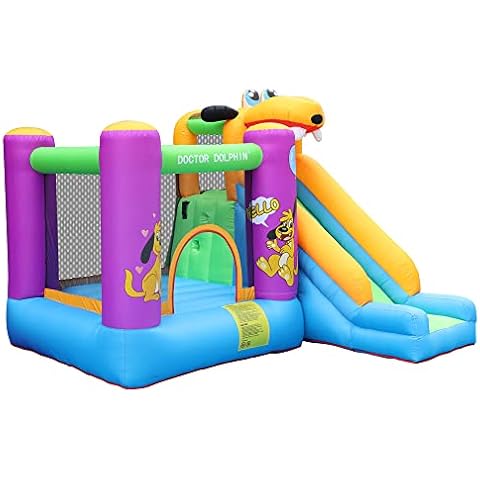 Doctor Dolphin Bounce House Slide with Blower Bounce House for Kids 5-12 Bounce House for Kids, Jumping Bouncy Castle with Puppy Slide Outdoor, Inflatable Bouncer with Blower Cover