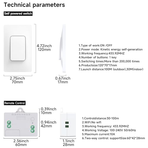 Image of Self Powered Wireless Light Switch Kit Remote Light Switches Wireless No Wiring No Battery Kinetic Light Switch Wireless Radio Wall Switches for Home Lighting
