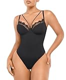SHAPELLX Women's Lace Bodysuit Shape Wear Tummy Control Thong V Neck Body Shaper with Crotch Snap(Black, 3X-Large)
