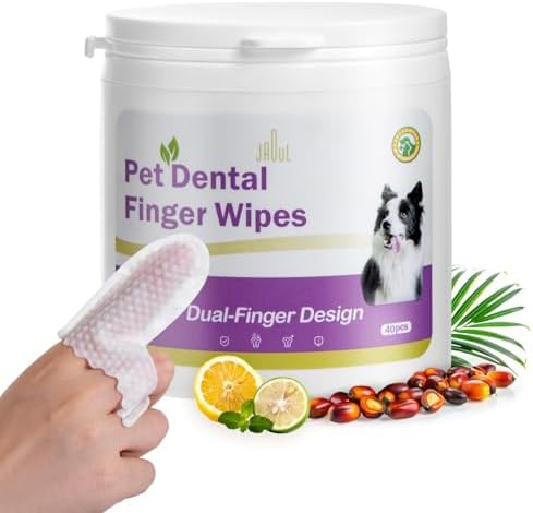 Jaoul Dog Teeth Cleaning Wipes - Non-Slip, Dual Finger Design - Fresh Breath, Plaque & Tartar Removal - Gentle Double-Sided Disposable Dog Dental Wipes, 40 Counts