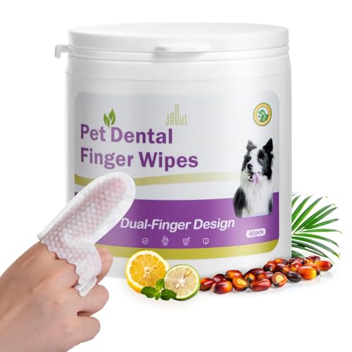 Jaoul Dog Teeth Cleaning Wipes - Non-Slip, Dual Finger Design - Fresh Breath, Plaque & Tartar Removal - Gentle Double-Sided Disposable Dog Dental Wipes, 40 Counts