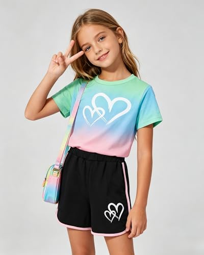 Image of Tween Girls Clothes Summer Short Sleeve T-Shirt and Shorts Set Casual Two Pieces Outfit Size 8 13