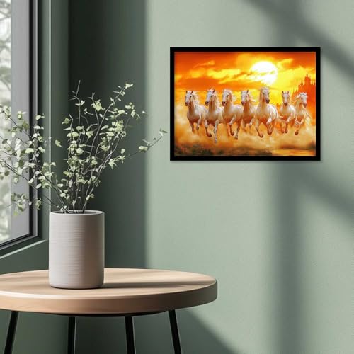 Image of HOTHOUSE Seven Running Vastu Lucky Horse Rising Sun Painting Wall Decor | 7 Horses Vastu Frame Wall Art Painting for Living Room Bedroom Office Home Decor Size (19X25 inch)