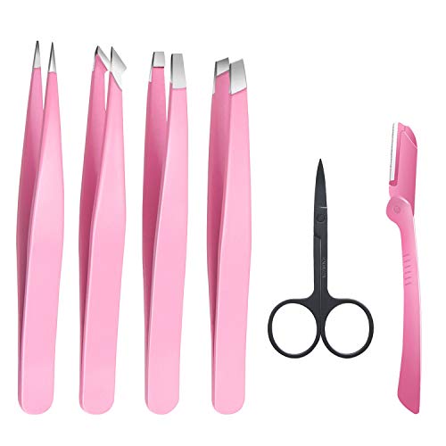 Tweezers for Women-Pink Tweezers 4-Piece Set?Stainless Steel Tweezers with Trimming Knife and Scissors