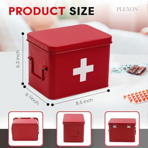 Image of Plexon 8.5 inch Metal First Aid Box Empty, Medicine Storage Bin with Lid, Emergency Supplies Organizer, Portable First Aid Kit Case, Red
