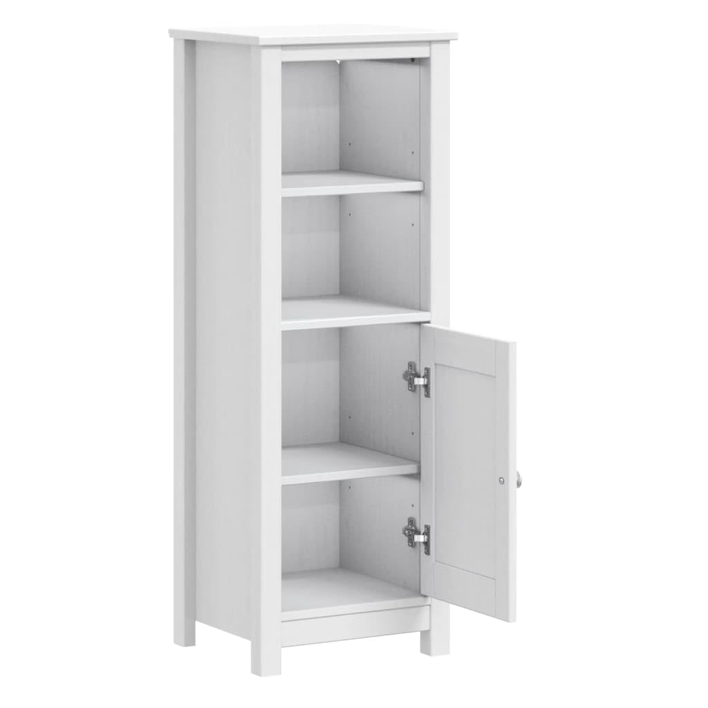 Armario de baño Berg en color blanco de madera maciza de pino, 40 x 34 x 110 cm, armario para medicamentos con 4 estantes y puertas, mueble de baño moderno para baños pequeños, pasillos e