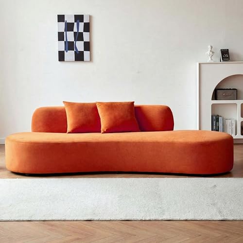 Container Furniture Direct 90' Curved Sofa with Throw Pillows, 4 Seater Luxury Velvet Couch with Half Moon Design and High-Density Foam, Ideal for Modern Living Room, Office & Apartment, Red Orange