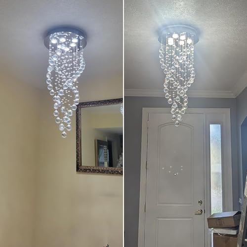 Image of Modern Luxury 6-Lights Spiral Raindrop Crystal Chandeliers for Dining Room, K9 Crystal Ball Flush Mount Ceiling Light Fixture for Living Room, Bedroom, Bathroom, Hallway, Staircase of CRYSTOP