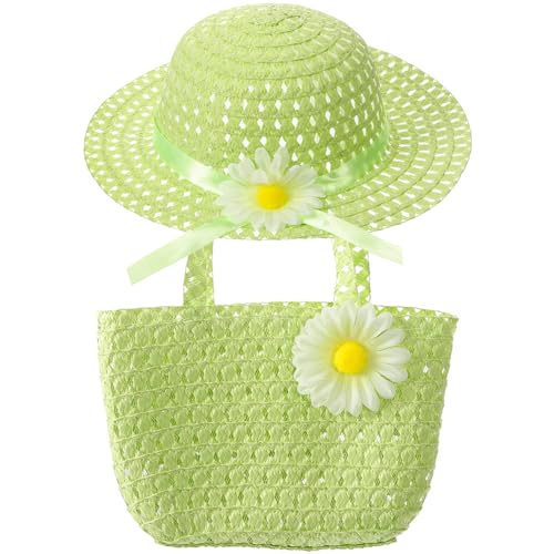 1 Set of Little Girls Straw Hat Summer Sunshade Hat Hand Bag Straw Beach Hat Cute Hand Bag Light Green