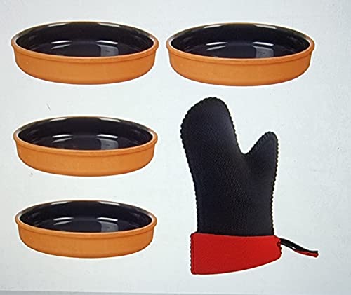 Set de 4 cazuelas barro color negro de barro + manopla, tazon de Barro Gazpacho de 16x4cm - cuencos de barro para sopa, cazuelas barro, puchero de barro
