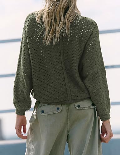 Image of Women Oversized Knit Sweatshirt Hollow Long Sleeve Button Drawstring V Neck Pullover Sweaters (Green-S)