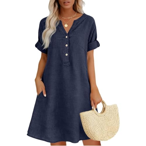 Linen Dress Women Cotton Dresses for Women Womens Summer Midi Linen Dresses Linen Cotton Dresses for Women Spring (US Alpha X-Large Regular Regular 01#Navy)